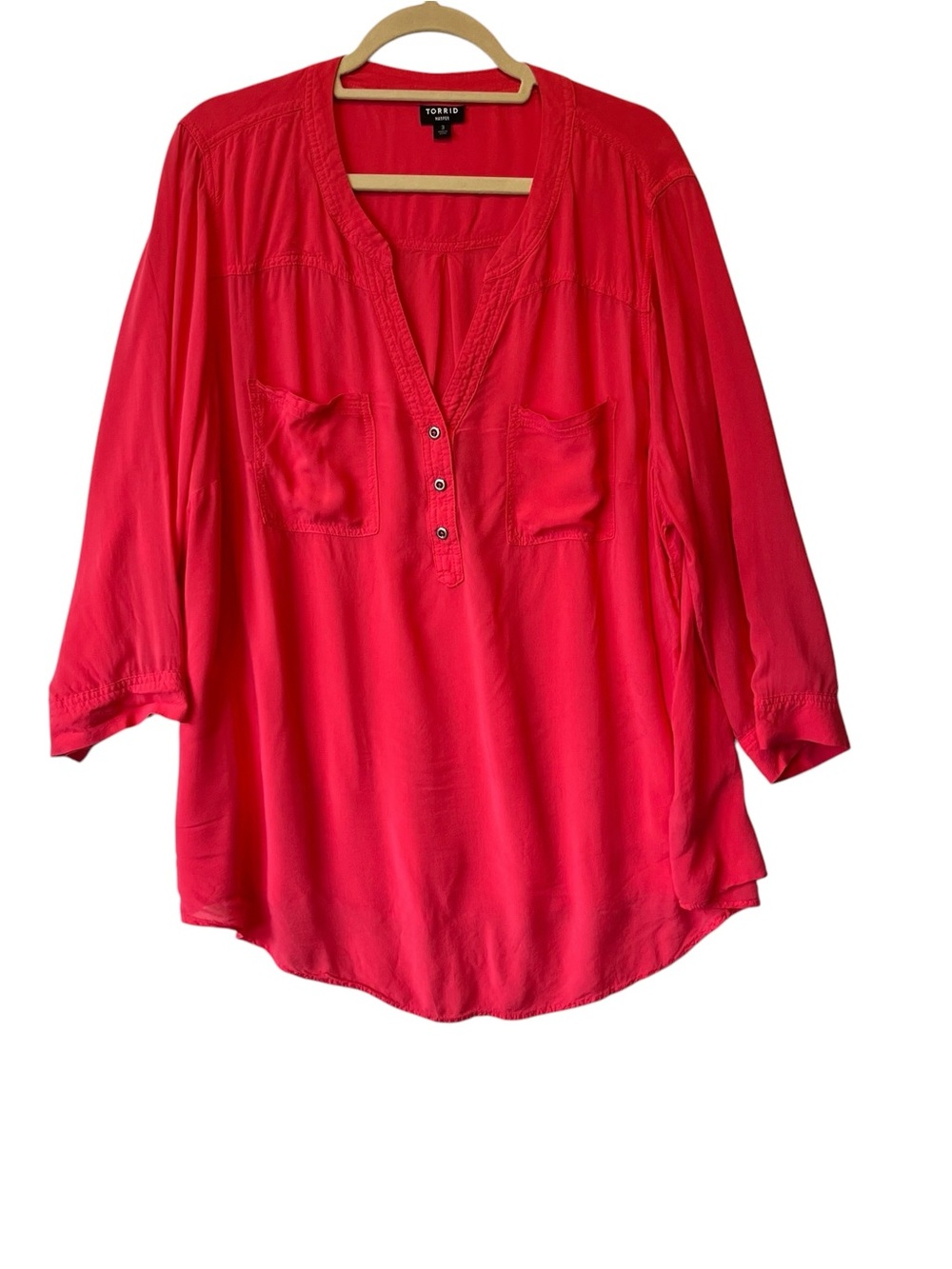 Torrid Harper blouse 3X Orange coral Roll tab sleeves V-neck shirt Popover top